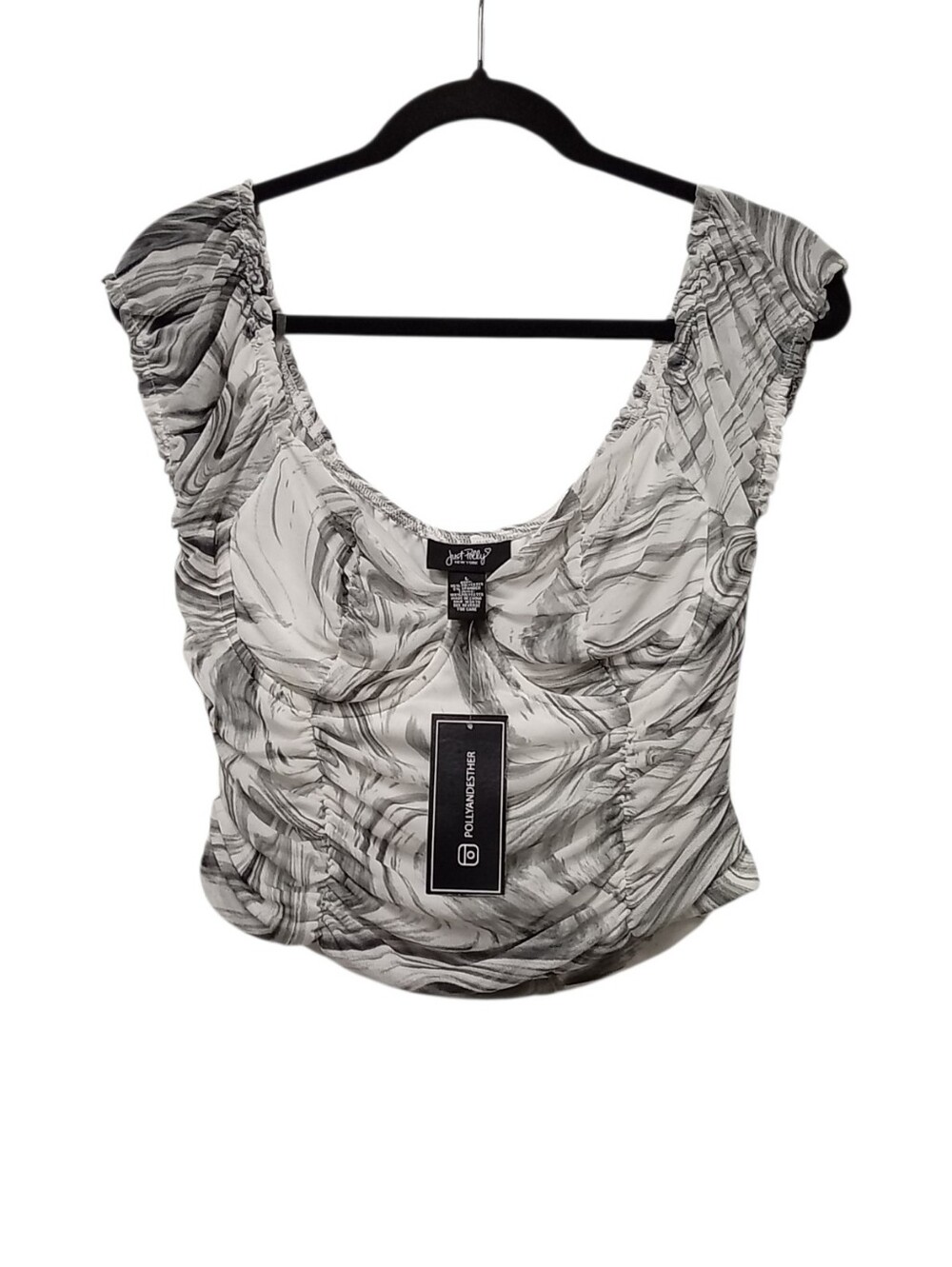 Just Polly NWT White/Gray Marble Print Ruched Crop-Size Large